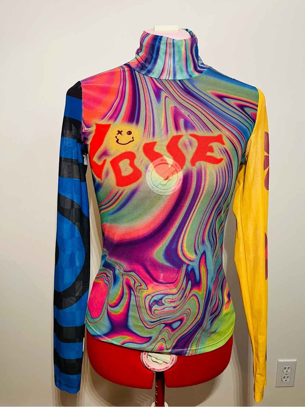 Psychedelic Multicolor  Sheer Turtleneck Top with Graphic 'LOVE'